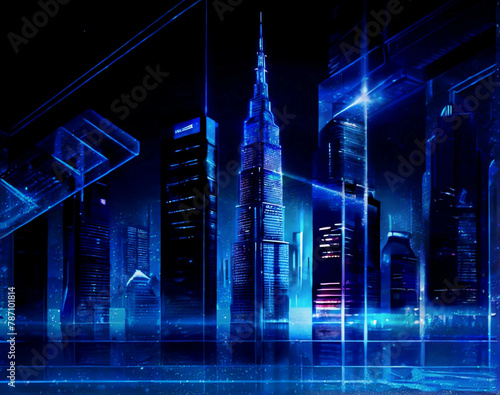 未来的な摩天楼都市と暗い深夜青の光壁紙風