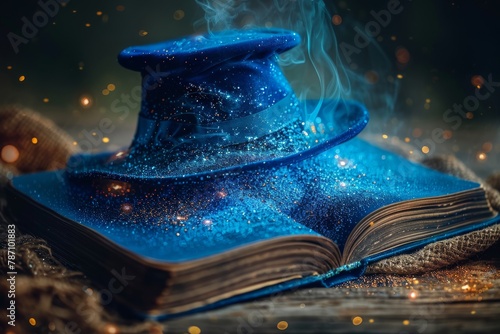 A magician's top hat rests on an aged book, surrounded by enchanting blue magic sparks against a starry backdrop photo