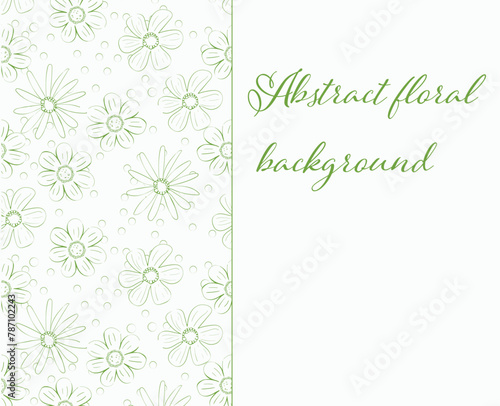 Vector banner with handwritten green flowers and chaotic elements on a white background. Space for text allows you to bring your ideas to life in a presentable and fresh way, creating a spring mood.