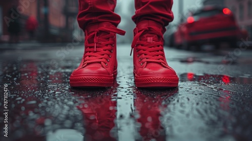 Person Wearing Red Sneakers Standing on Wet Surface