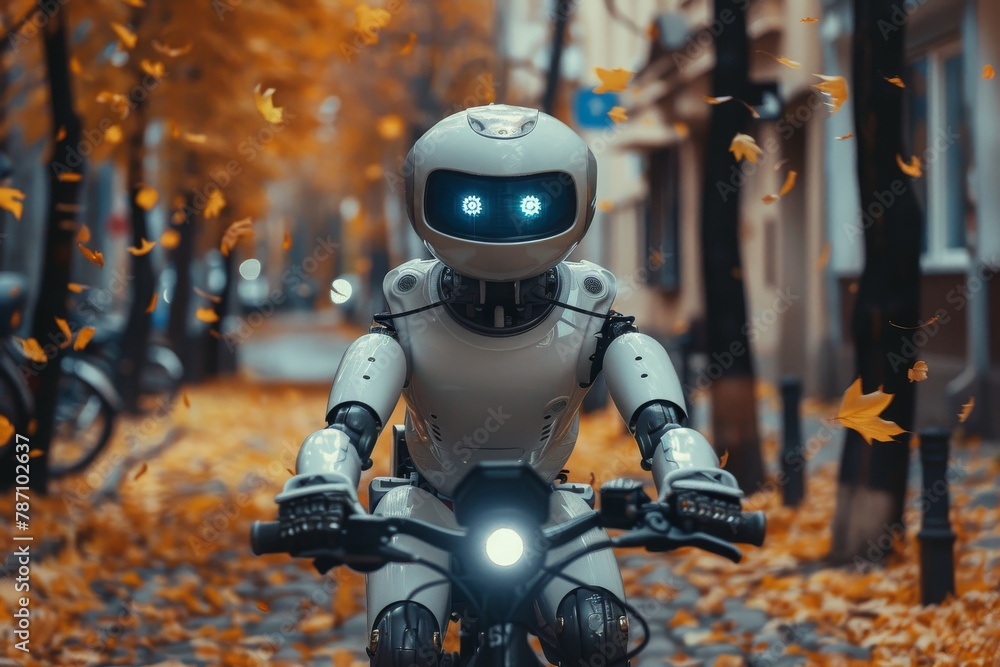 The advanced robot with glowing blue eyes explores the urban environment on a cloudy autumn day The advanced robot with glowing blue eyes explores the urban environment on a cloudy autumn day