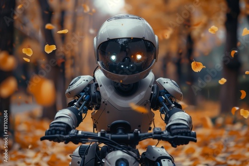 A storytelling image of a futuristic robot riding a motorcycle on an autumn day with falling leaves