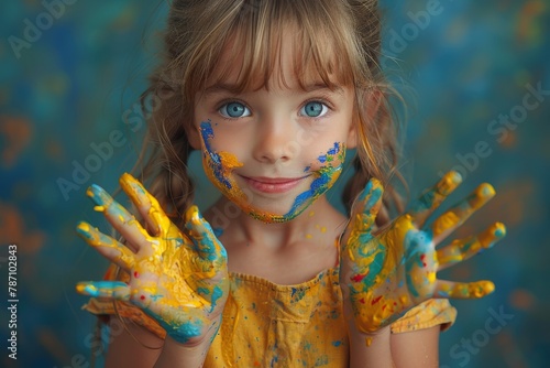 Smiling girl with paint on her face and hands  illustrating artistic creativity and joy