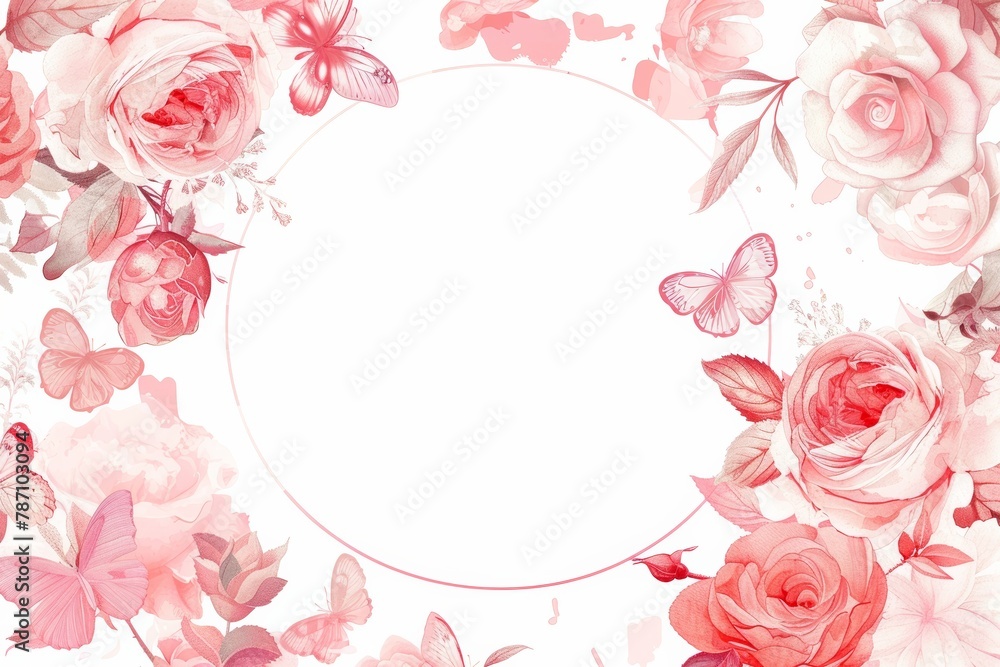 White Circle Surrounded by Pink Flowers and Butterflies