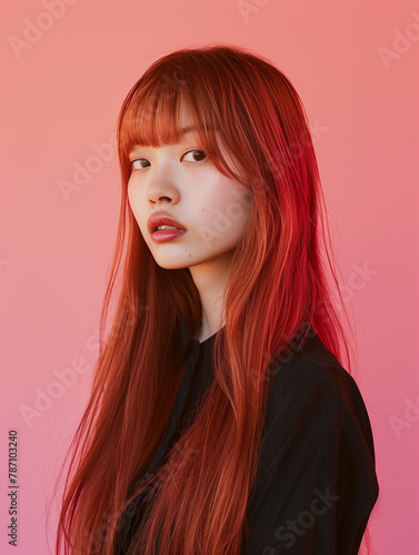 An asian model with long red hair, with sleek straight bangs, photographed from the front against an elegant gradient background