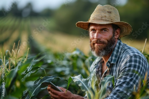 Content farmer in plaid shirt and hat inspects cornfield, representing agricultural dedication