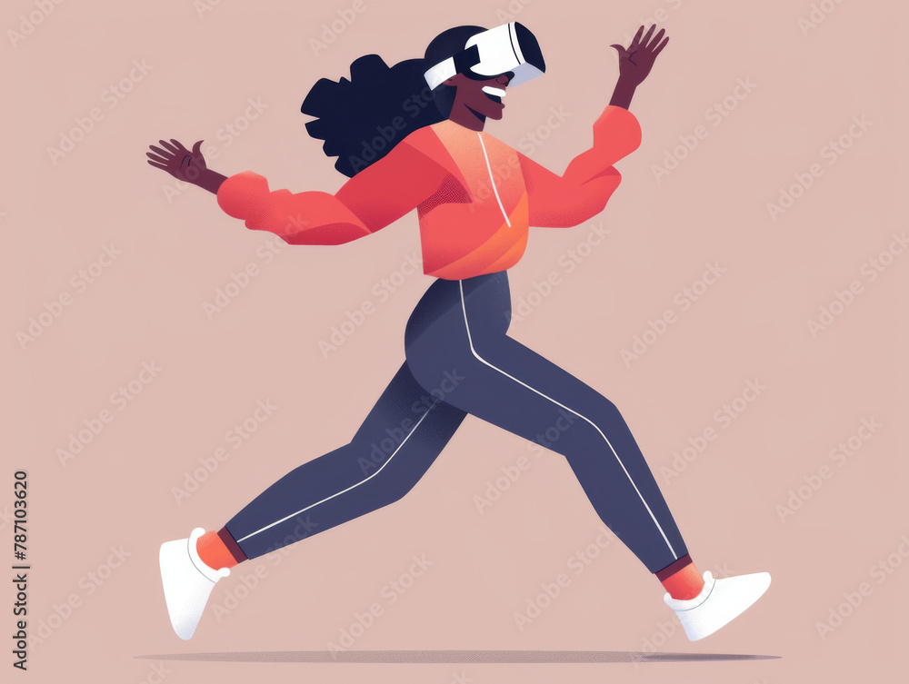 Illustration of a person enjoying virtual reality experience, running with VR headset on.