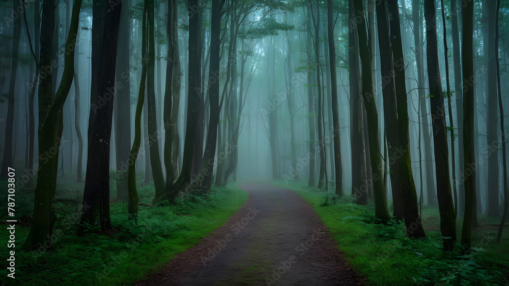 Obraz premium Misty Enchanted Forest Pathway: Serenity Amidst Nature