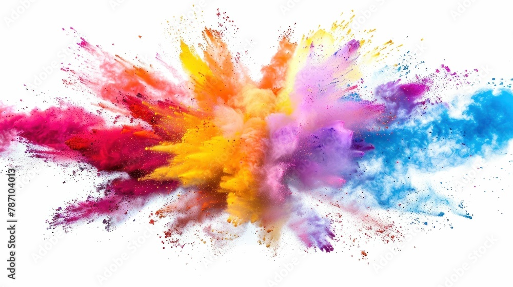 Vibrant colorful powder explosion on white background, isolated burst of various colorful powders in motion capture shot Vibrant colorful powder explosion on white background, isolated burst of various colorful powders in motion capture shot