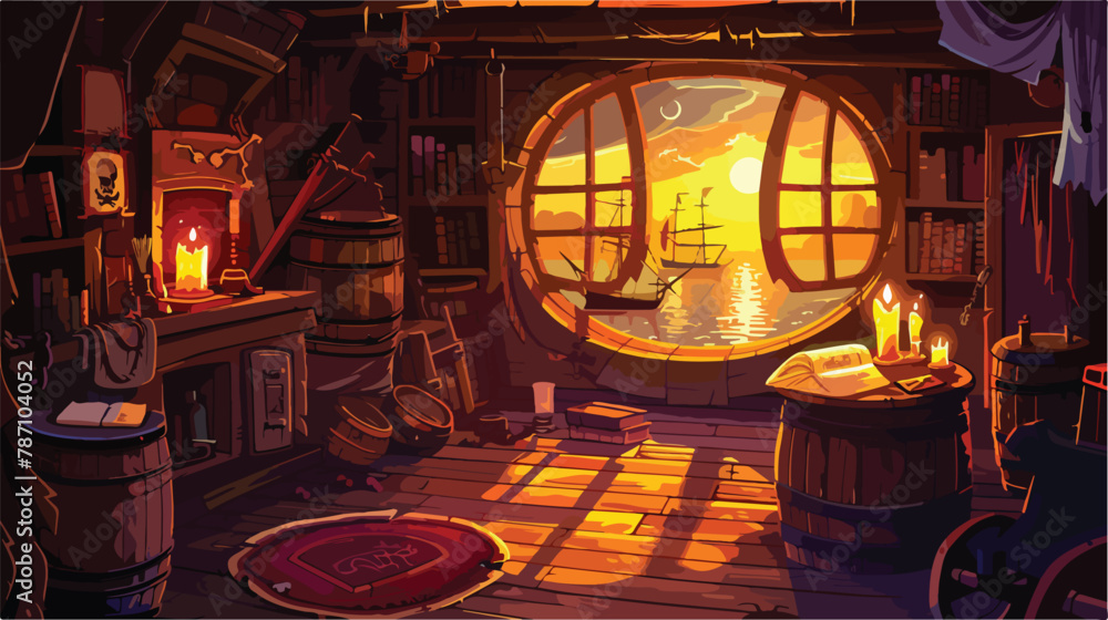 Old pirate ship inside at sunset. Wooden boat captain
