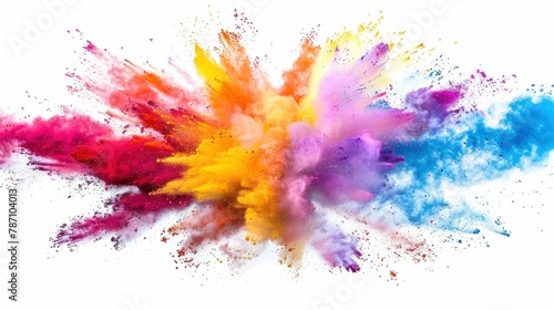 Vibrant colorful powder explosion on white background, isolated burst of various colorful powders in motion capture shot