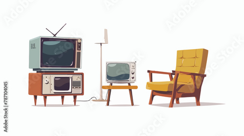 Fototapeta Naklejka Na Ścianę i Meble -  Old TVs on and an empty armchair. flat vector isolated