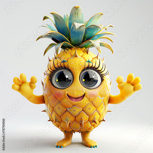 Funny cute pineapple with hands and eyes, 3d illustration on a white background, for advertising and design of fruit jam and dishes
