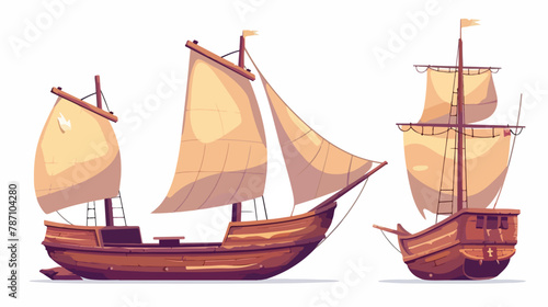 Old wooden ships. Cartoon sailing ship wind sail boat