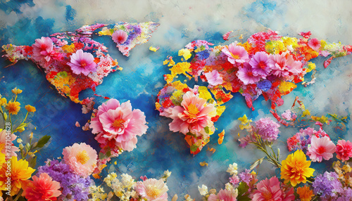 The colorful country flower floral world map in blossom is a beautiful sight to behold.