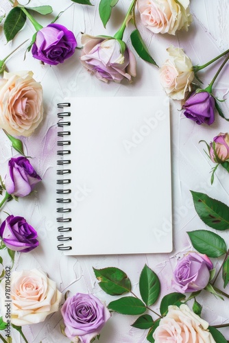 Spiral Notebook Surrounded by Pink and Purple Roses
