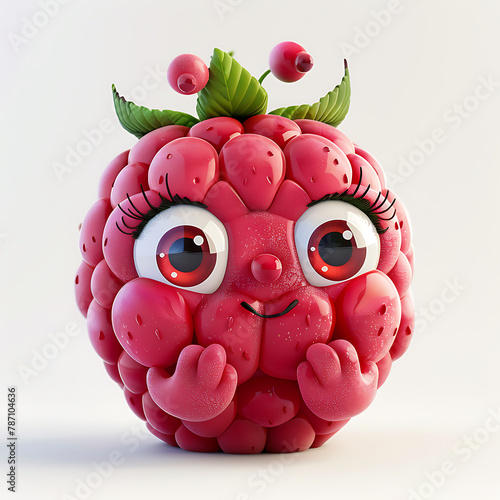 funny cute raspberries with hands and eyes, 3d illustration on a white background, for advertising and design of fruit jam and dishes