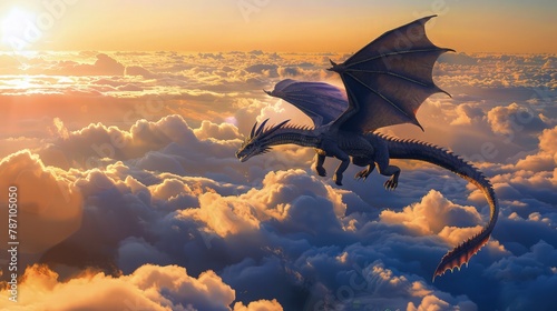Dragon flying over rolling clouds at sunrise.