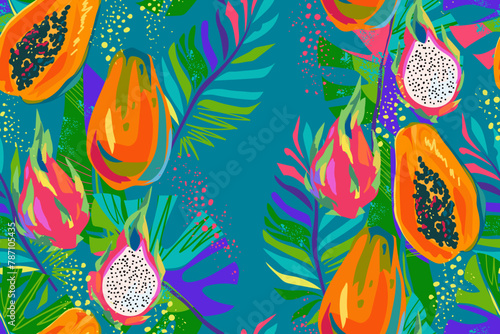 Seamless pattern with tropical leaves and fruits. Colorful palm leaves, monsters and fruits of papaya, pitaya. Bright summer pattern. Modern exotic background. Vector illustration. © Oksana_Skryp