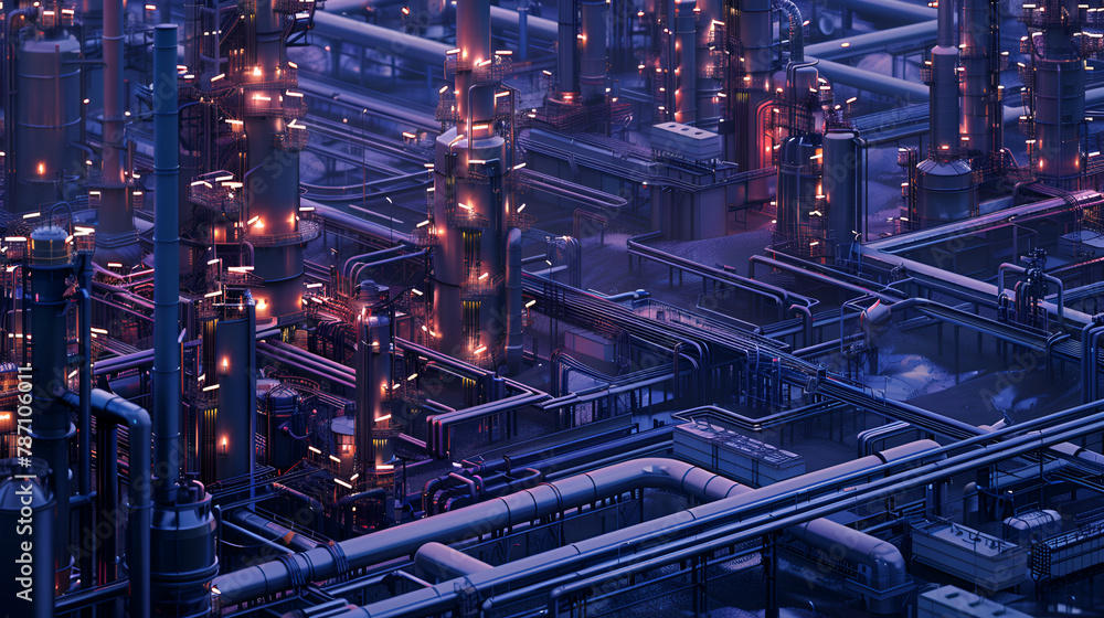 Oil Refinery factory at twilight , petrochemical plant , Petroleum , Chemical Industry, Oil and gas plant with pipe valves, compression station, Oil and gas industry, refinery, petrochemical plant 