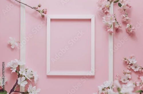 White Frame Surrounded by Pink Flowers on Pink Wall © yganko