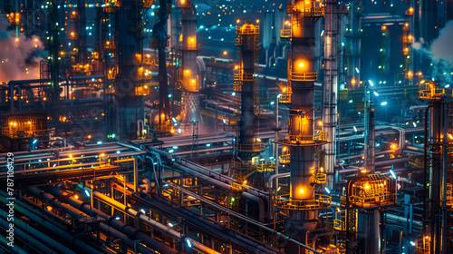 Oil Refinery factory at twilight , petrochemical plant , Petroleum , Chemical Industry, Oil and gas plant with pipe valves, compression station, Oil and gas industry, refinery, petrochemical plant 