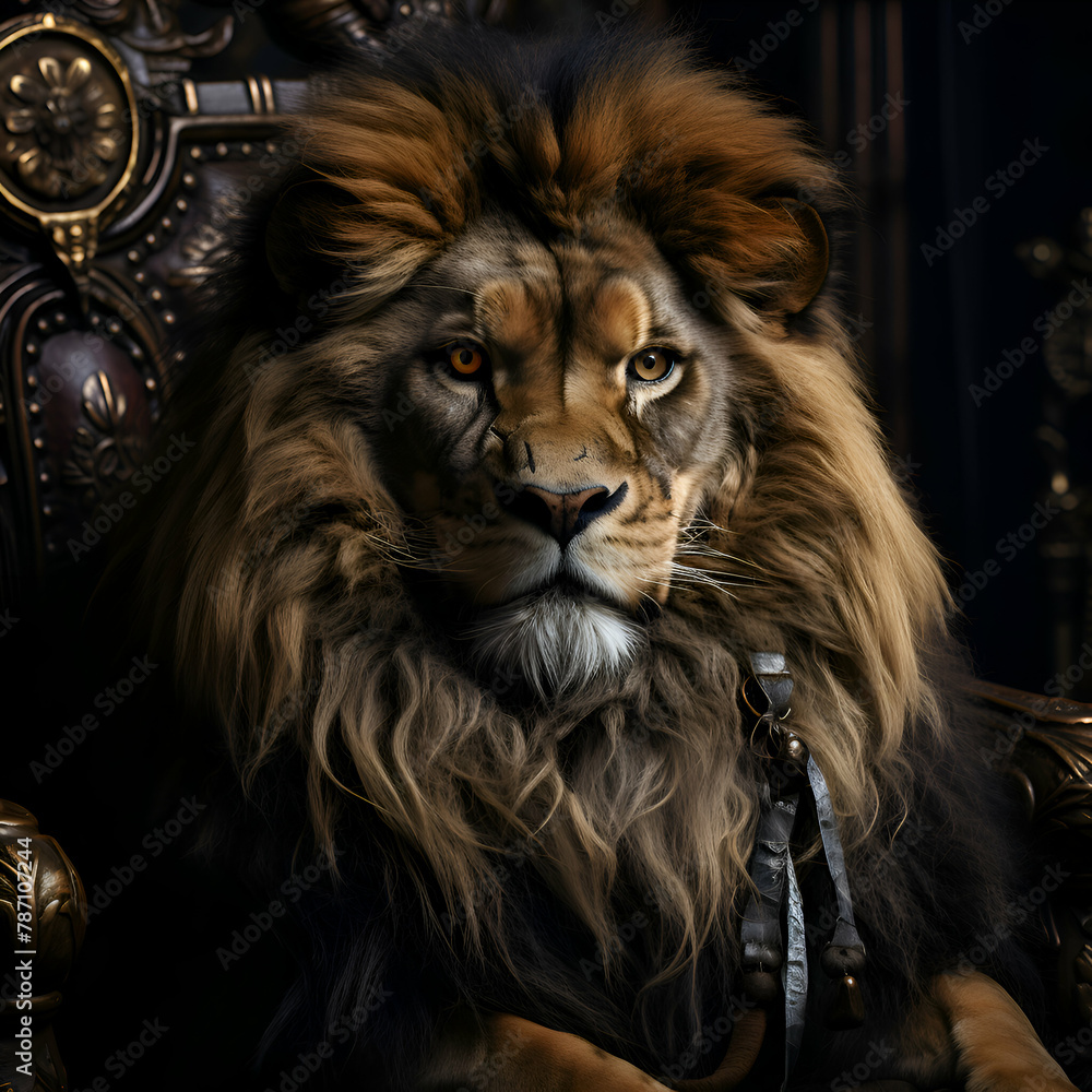 Portrait of a lion in a chair. Luxury interior.