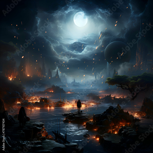 Fantasy landscape with ancient temple in full moon light. 3D rendering