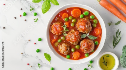 Isolated green peas carrots and meatballs in tomato sauce on a white background viewed from above