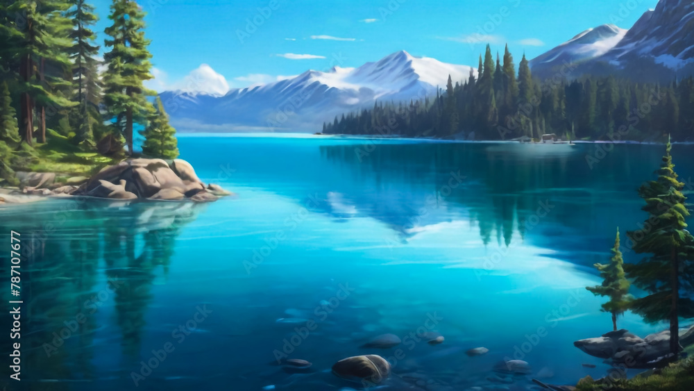 scenery illustration with mountains and water
