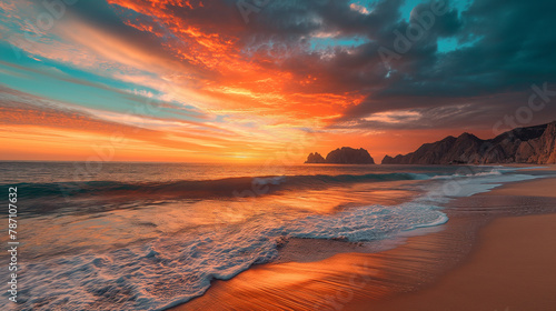 Dramatic Contrast: Vibrant Sunset Hues Over Serene Beach Landscape Evoking Awe and Tranquility