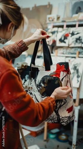 Designer applying a custom print to an eco-friendly tote bag, studio environment, showcasing the design process for reusable bags