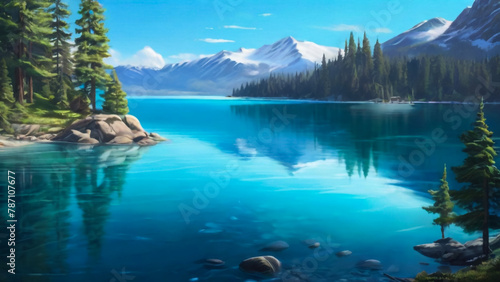 scenery illustration with mountains and water 