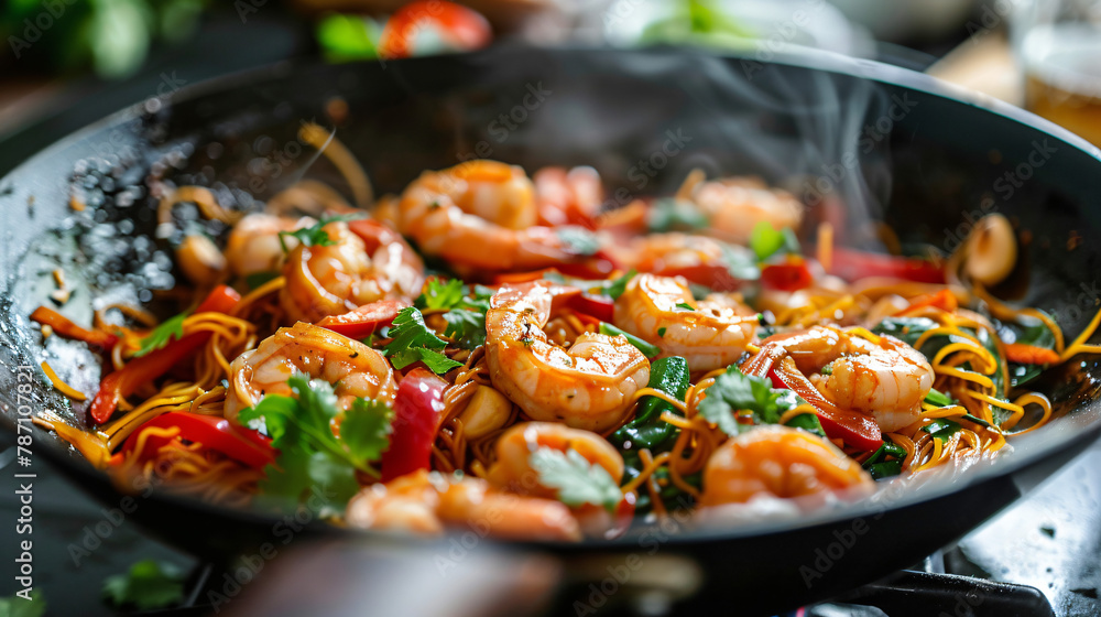 Shrimp stir fry with noodles and vegetables
