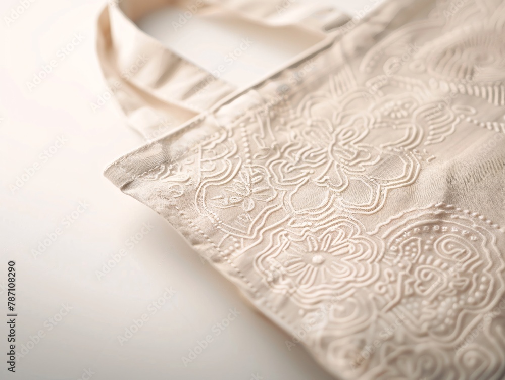 Close-up of a cotton tote featuring an intricate graphic design, presented as a mockup PSD, ideal for eco merchandise marketing Close-up of a cotton tote featuring an intricate graphic design, presented as a mockup PSD, ideal for eco merchandise marketing