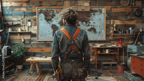 Young man is looking at the world map in workshop
