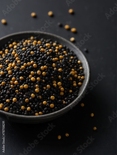 Mustard seeds (black) on a black background.