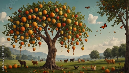A whimsical scene of a fruit tree with fruits in the shapes of various animals Generative AI © Haroon