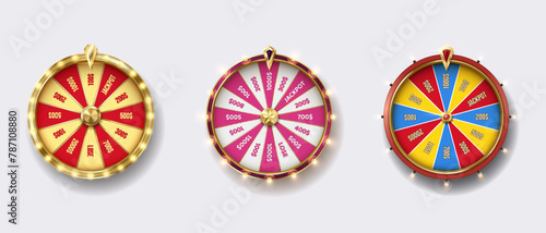 Fortune wheels colorful realistic vector illustration set. Luck win spin games. Casino roulettes 3d objects on white background