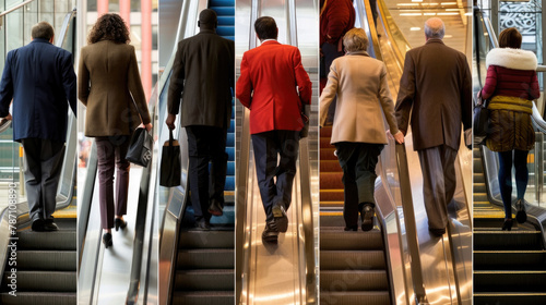 Group of individuals walking down escalator in crowded urban setting, descending to lower level of building
