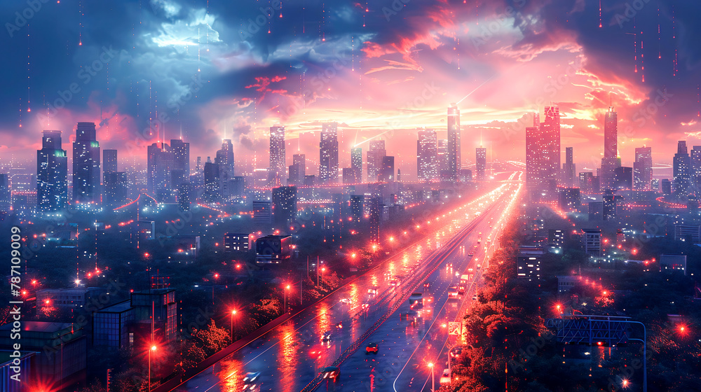 Fototapeta premium Smart city, big data connection technology. Concept of 5G, IOT, wireless digital connection, internet of things