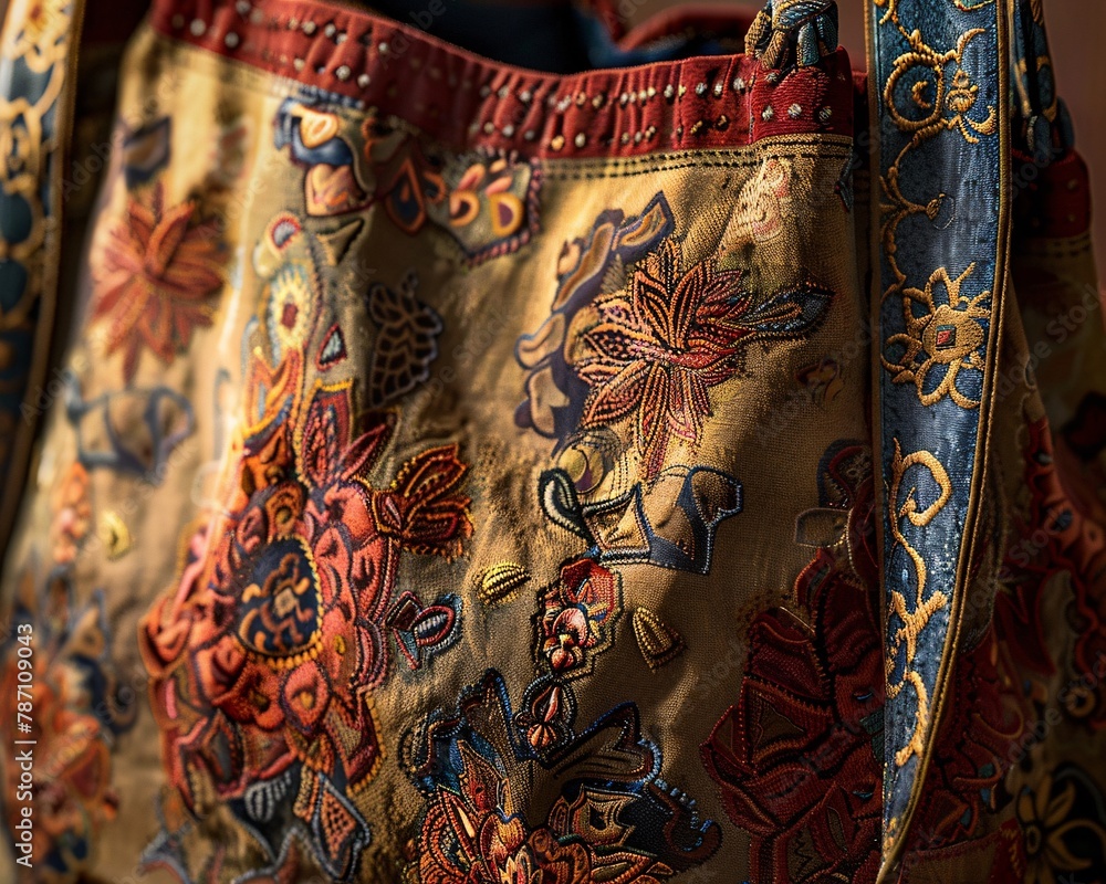 Close-up of a textile bag, showcasing intricate patterns in a photorealistic mockup, displayed in a professional design showcase