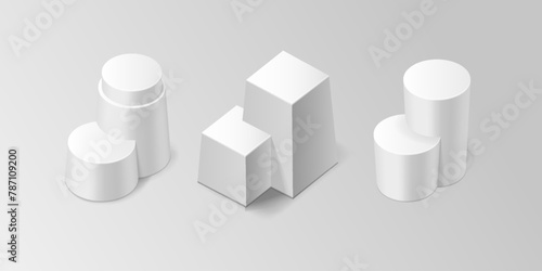 Minimal column podiums realistic vector illustration set. Mockup stages for advertising in isometry. Empty promo stands 3d objects on white background