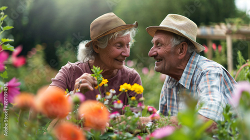 Smiling senior couple picking flowers in garden