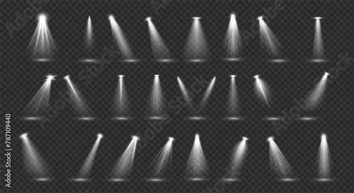 White stage backlight effects 3d realistic vector illustration set. Bright lamps glowing design. Stage spot beams on transparent background