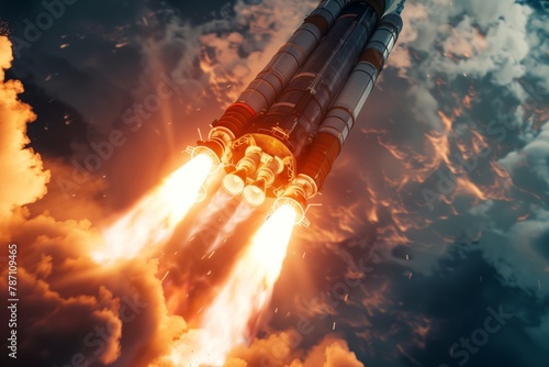 Rocket launch with fiery engines against blue sky