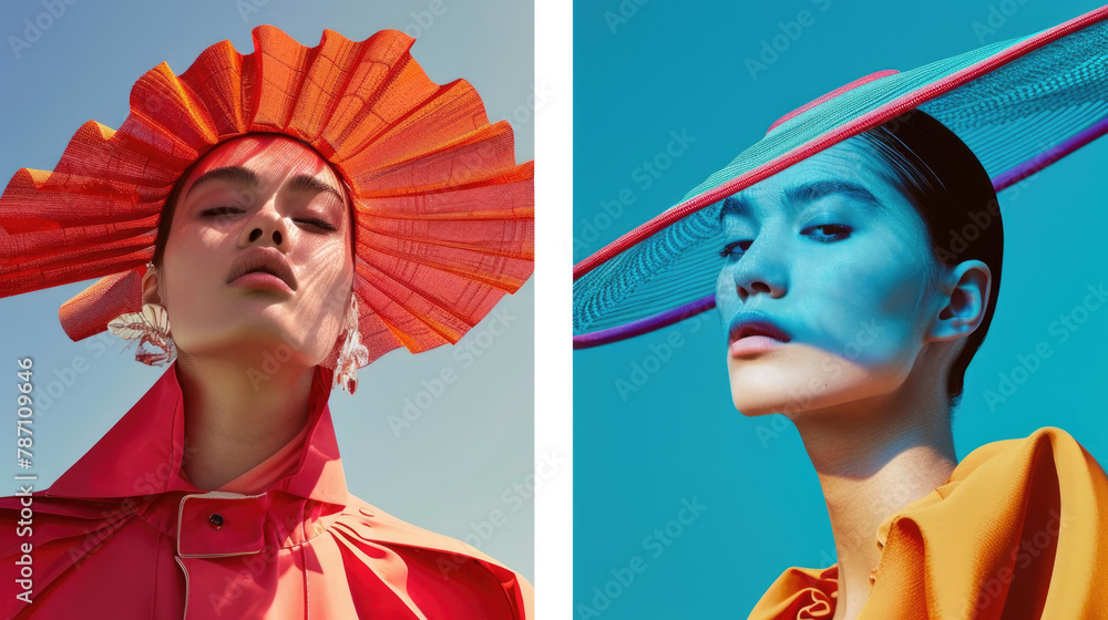 Obraz premium Two close-up shots of a woman with vibrant blue and orange makeup on her eyes and lips, showcasing bold and colorful beauty looks