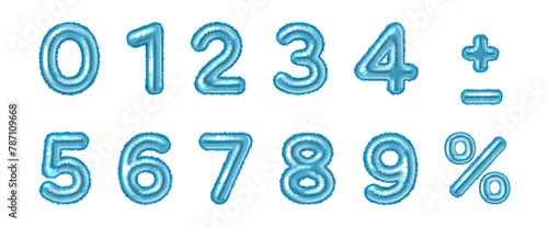 Blue air balloon numbers and math signs realistic vector illustration set. Sparkling party decor 3d models on white background collection