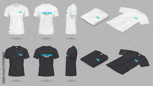Black and white mockup t-shirts realistic vector illustration set. Casual clothes with brand design template 3d objects on grey background