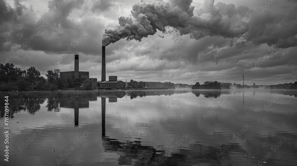 Smoking factory chimney by water